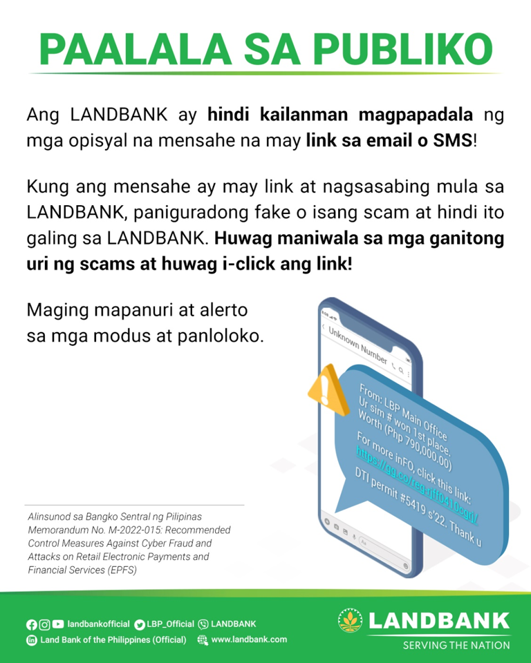 LANDBANK wala magpadala og  clickable links sa mga email, SMS